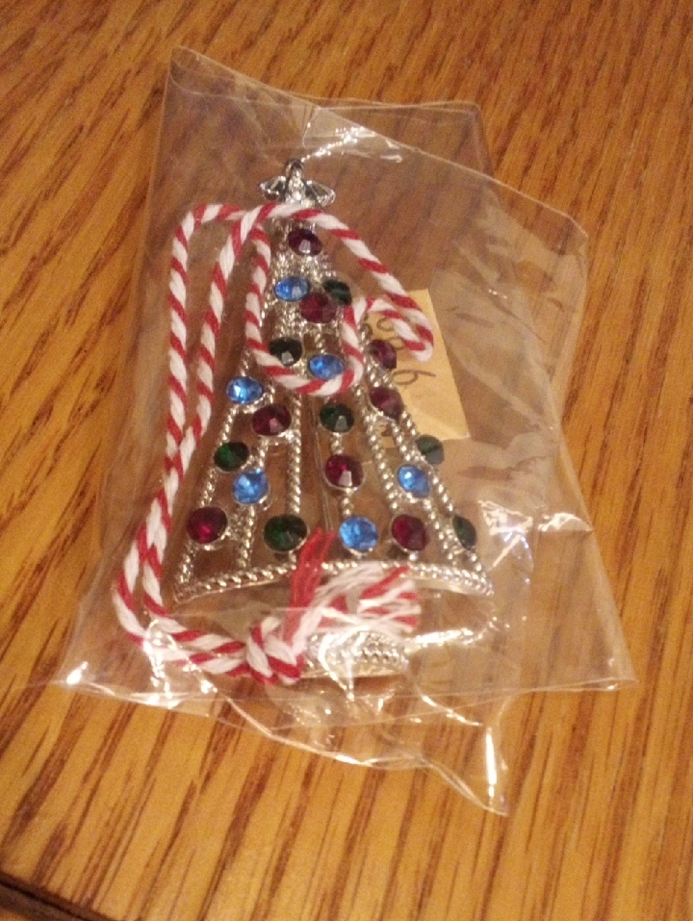 Jeweled Silver-Tone Christmas Tree Ornament with Red and White Cord